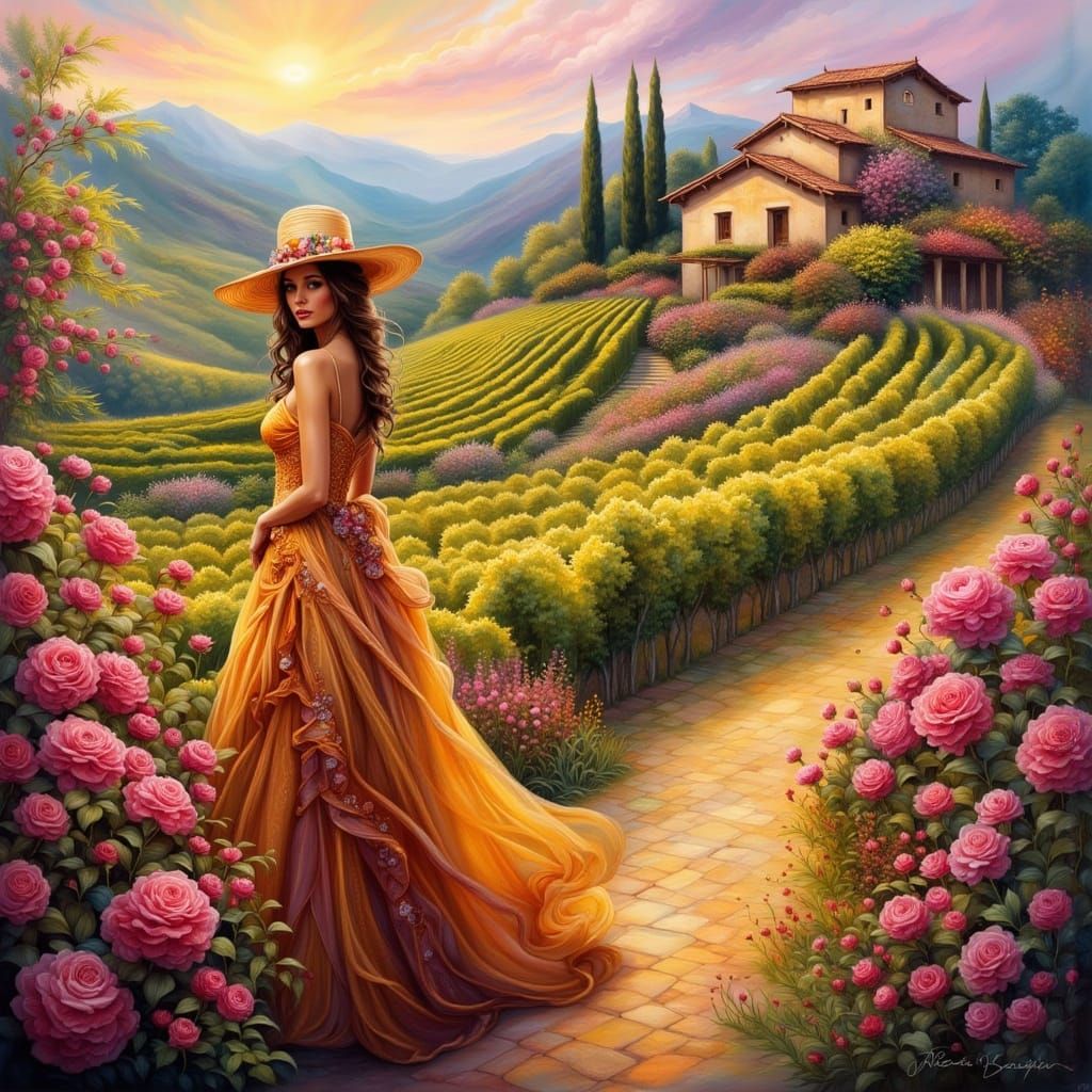Elegant Lady in Italian Village with Pink Flowers, Encaustic...