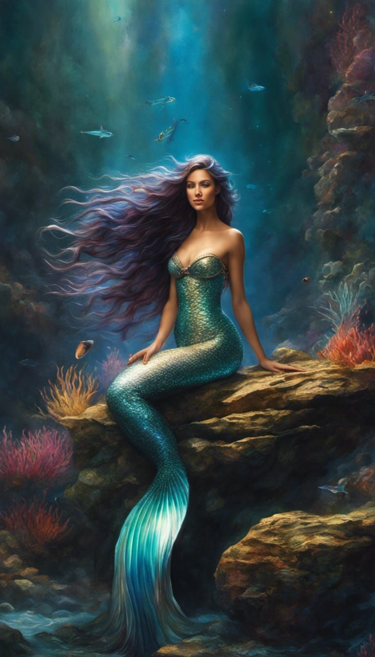 Mermaid on Rocky Outcrop with Shimmering Light