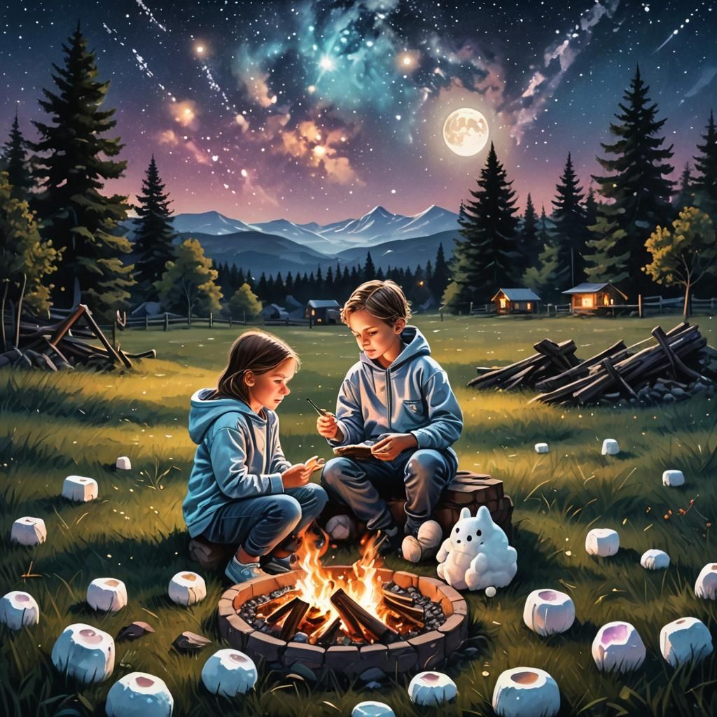 Twins Stargazing at Night Sky with Firepit