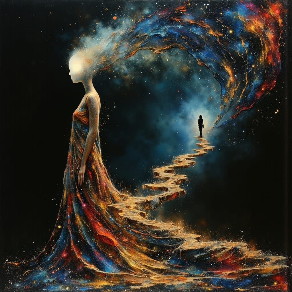 Ethereal Glitch Art Portrait of a Faceless Woman in Cosmic W...