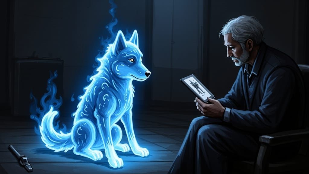 Fiery Husky Watches Over Elderly Man