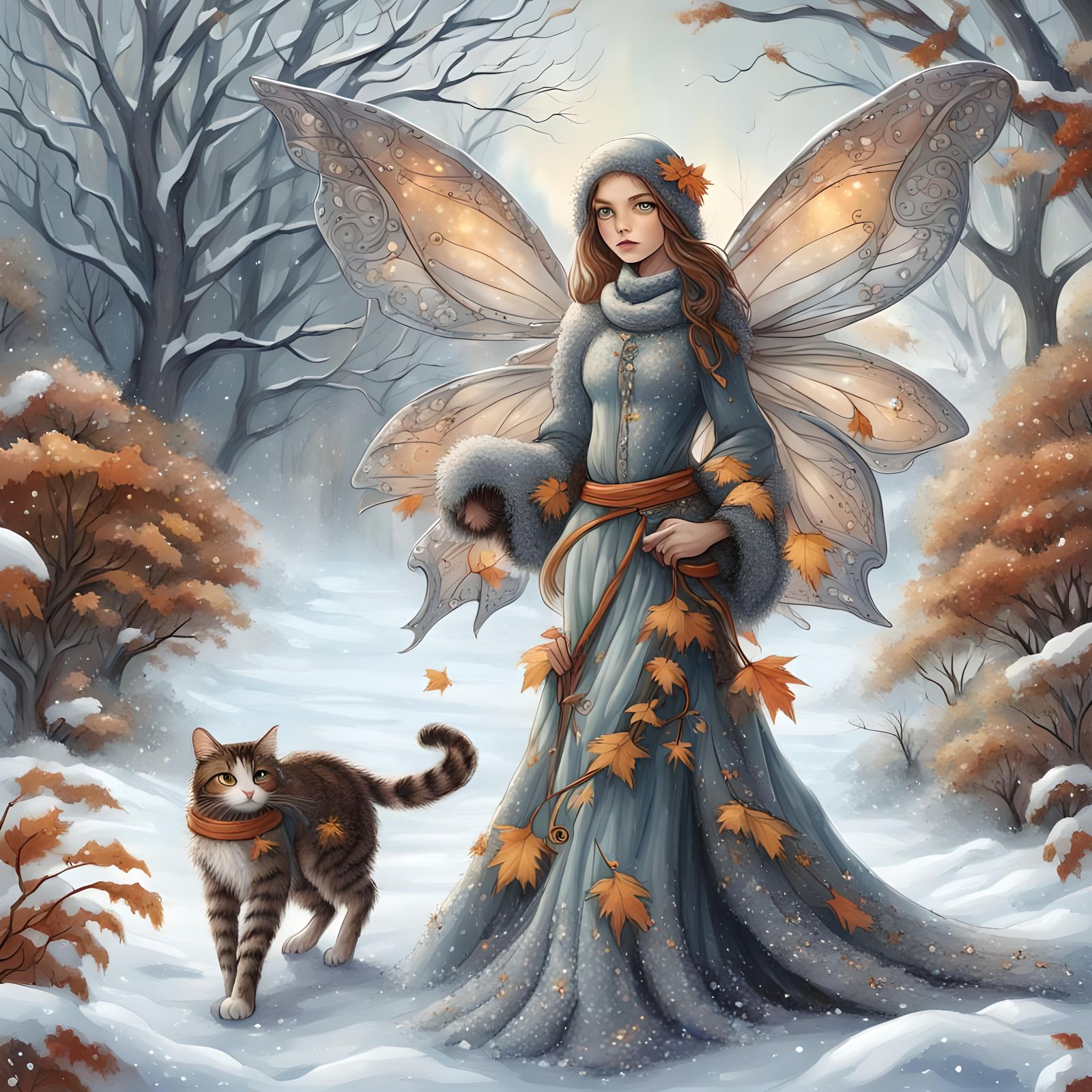 Auntumn, winter. Beautiful detailed fairy, beautiful detailed cat,  walking through the snow,
detailed fantasy backgroun...