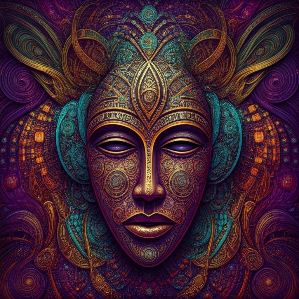 Vibrant Tribal Psychedelia in Intense Purple, Turquoise, and...