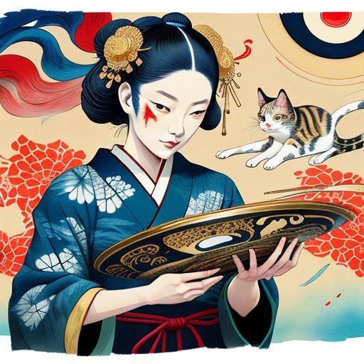 Surreal Collage: Cats, Clocks, and Irises in Anime Style