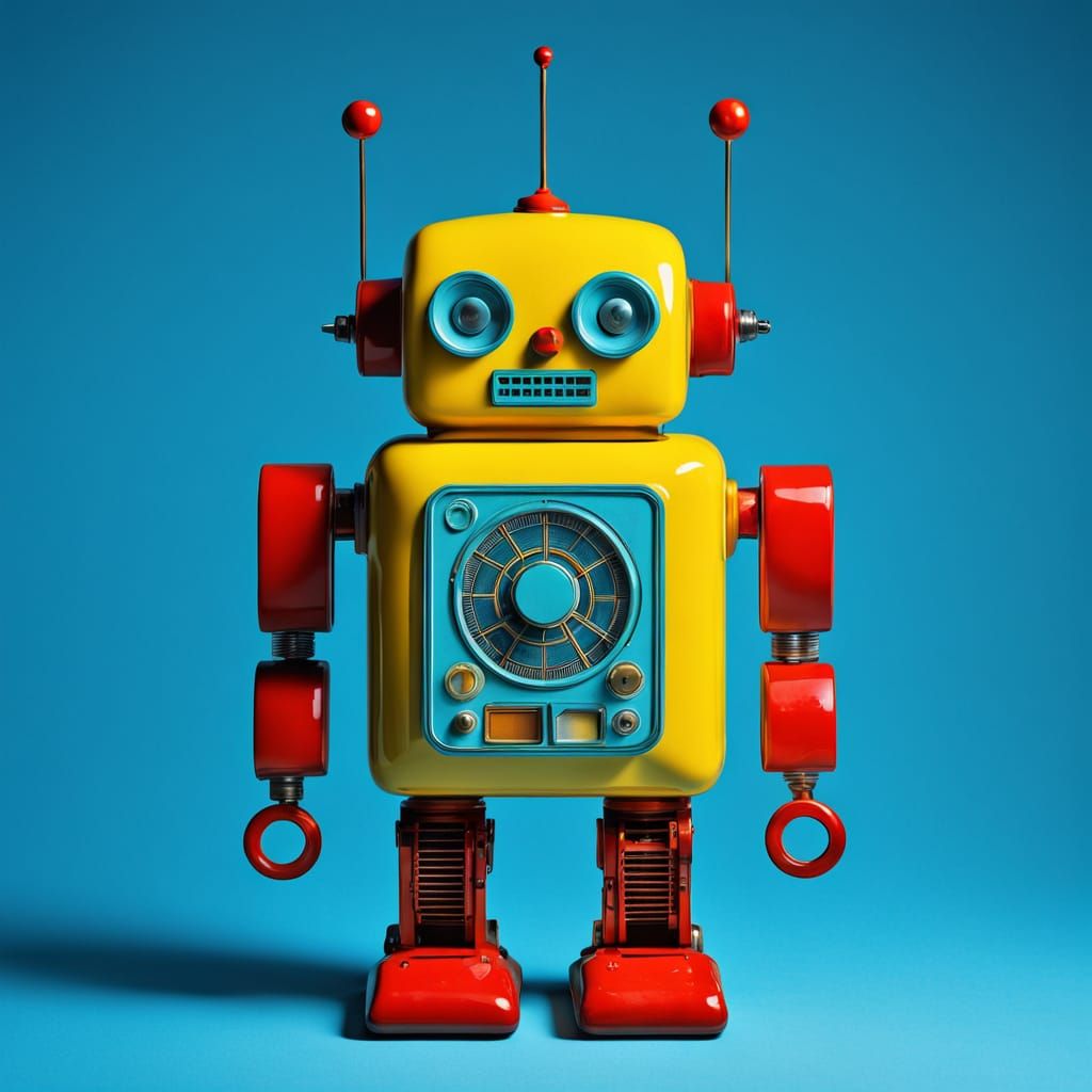 Retro Glass Robot in Triadic Colors, Inspired by 1930s Pop A...