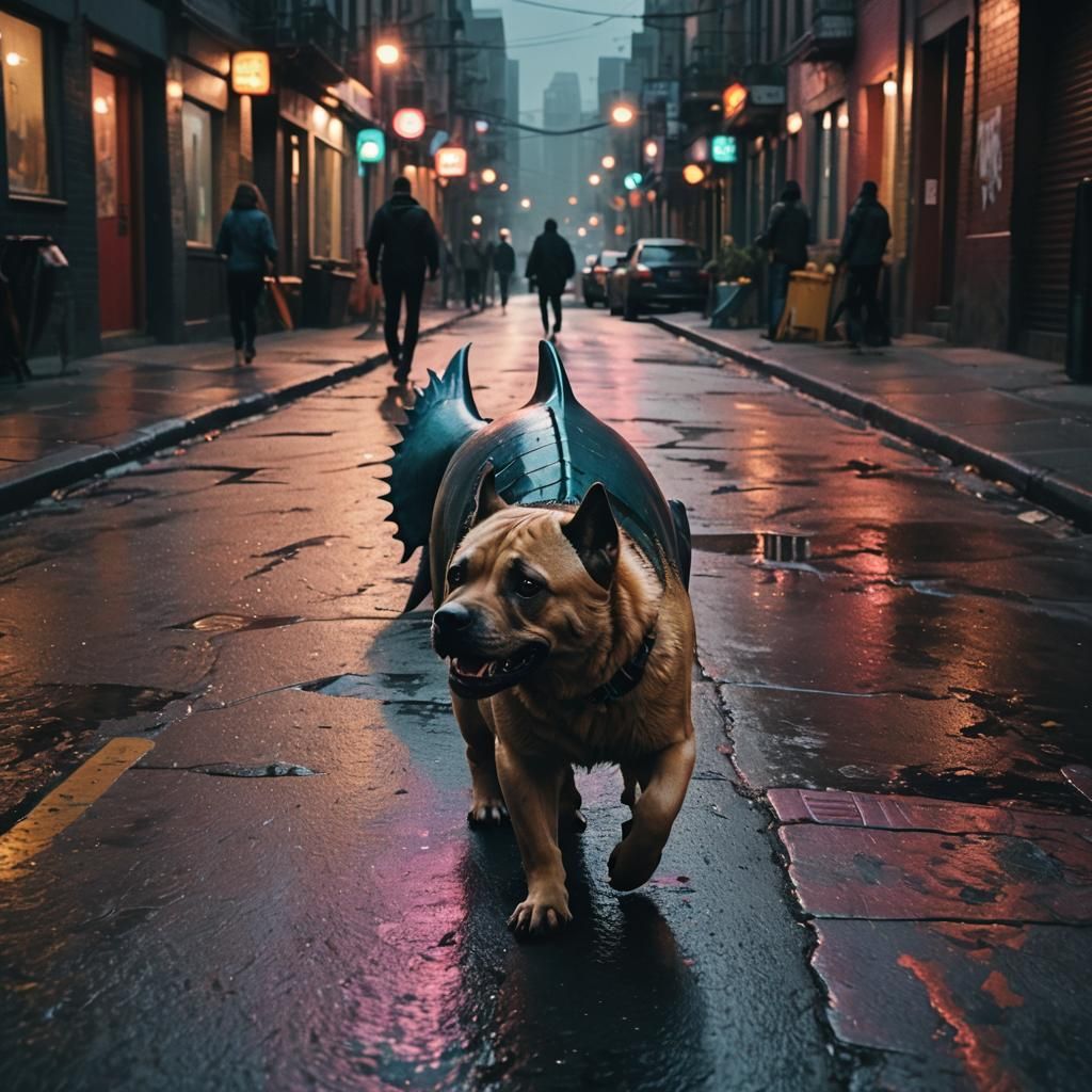 Hybrid Creature Walks City Street in Cyberpunk Style