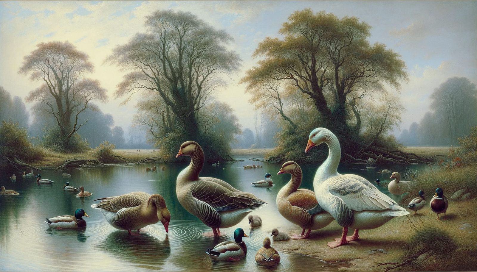 Ducks and Geese in Pre-Raphaelite Style