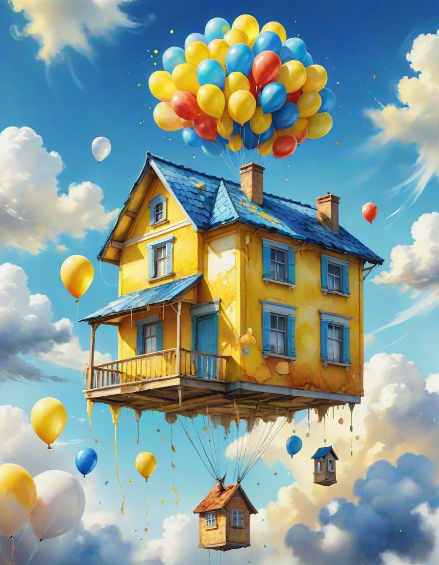 Flying House with Balloons in Watercolor Style