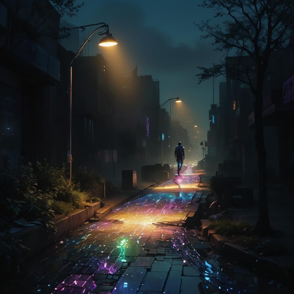 Cyborg in Neon Cityscape: Holographic Illustration