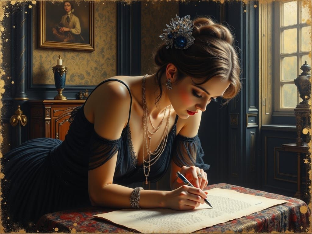 Woman Writing Letter in Art Deco Style