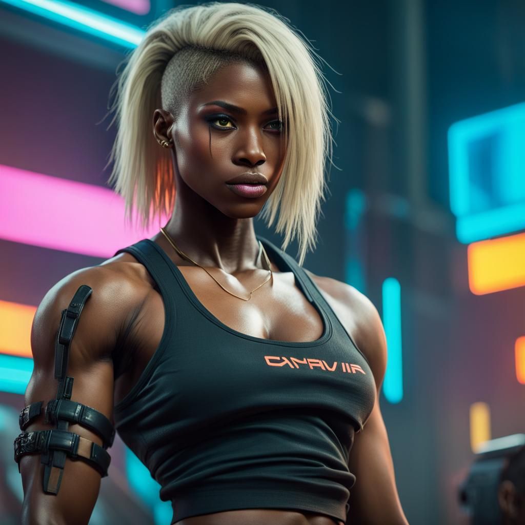 Cyberpunk Woman with Muscular Build and Neon Lighting