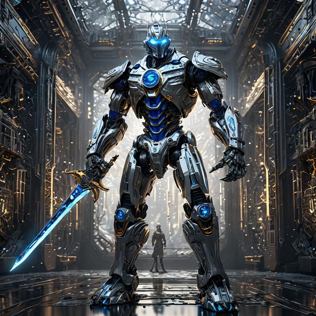 Colossal See-Through Robot Warrior with Mechanical Sword