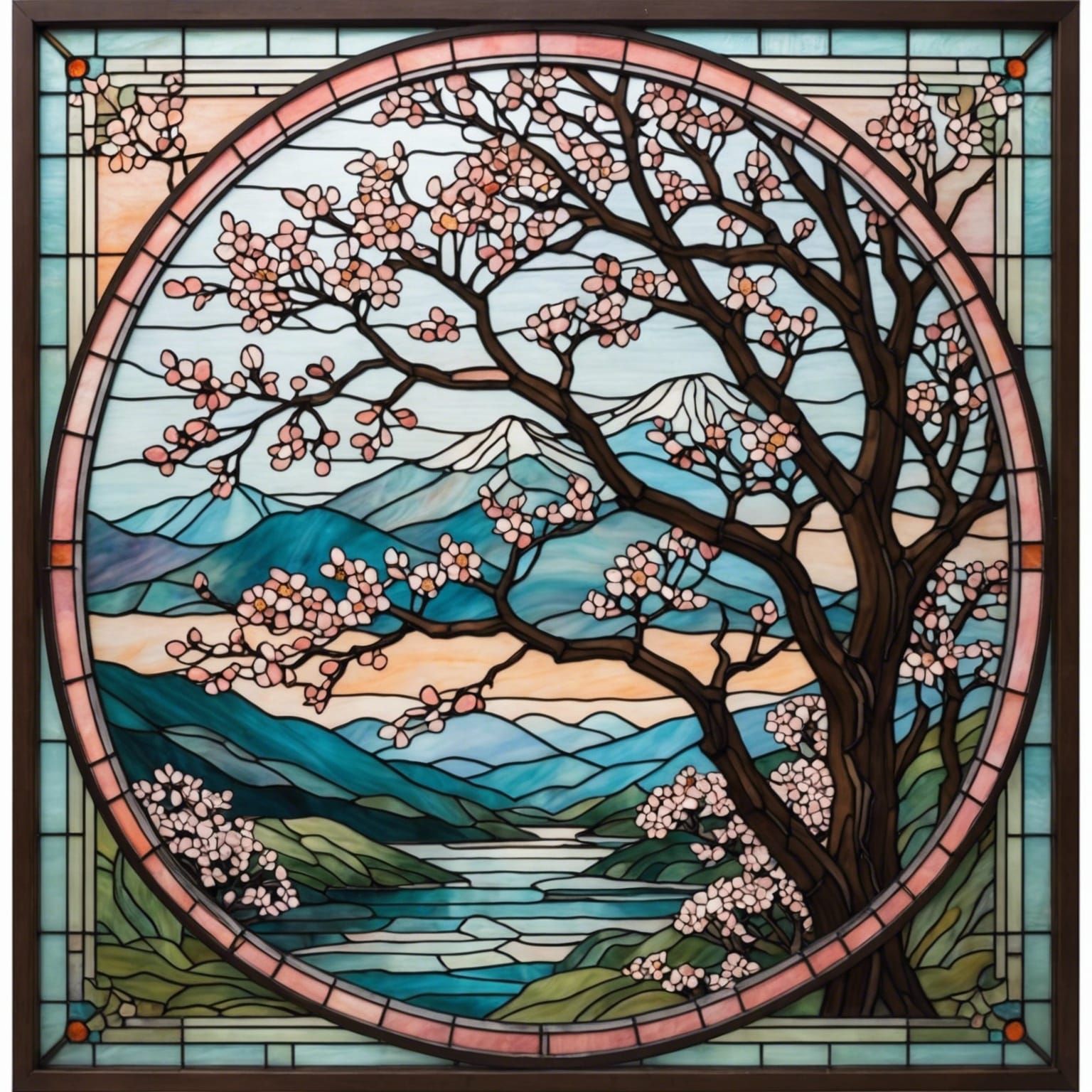 Japanese Stained Glass Art with Cherry Blossoms