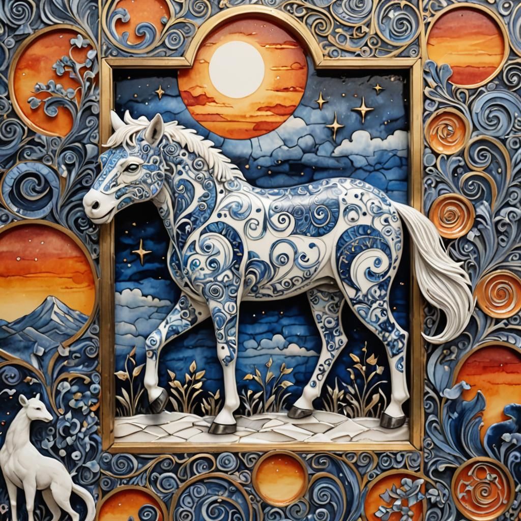 Fantasy Blue Porcelain Horse Watercolour Impasto Painting