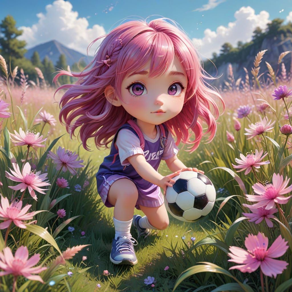 Toddler Kicking Soccer Ball in Glitter Chibi Style