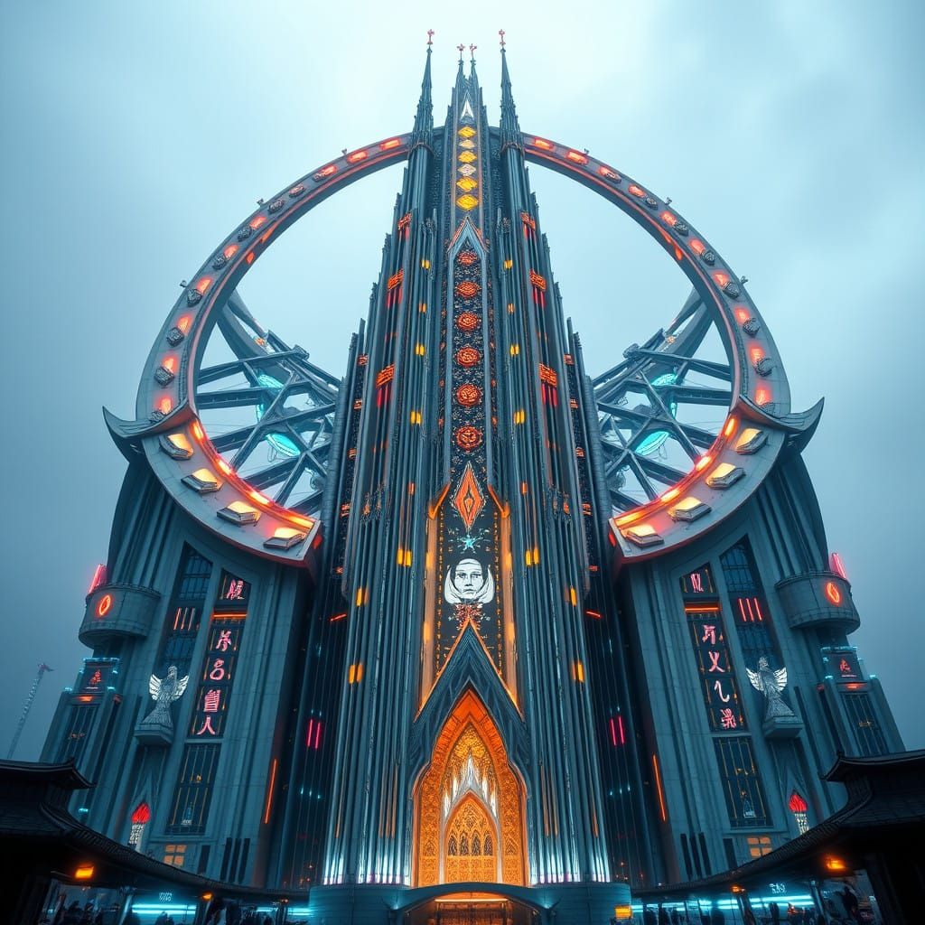 Futuristic Gothic Cathedral in Cyberpunk Style