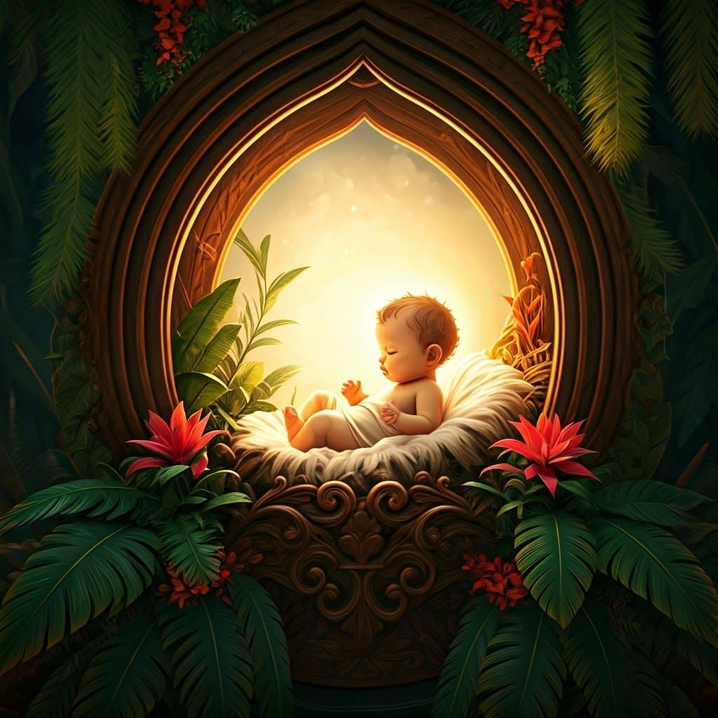 Peaceful Babe in Ornate Manger, Digital Art
