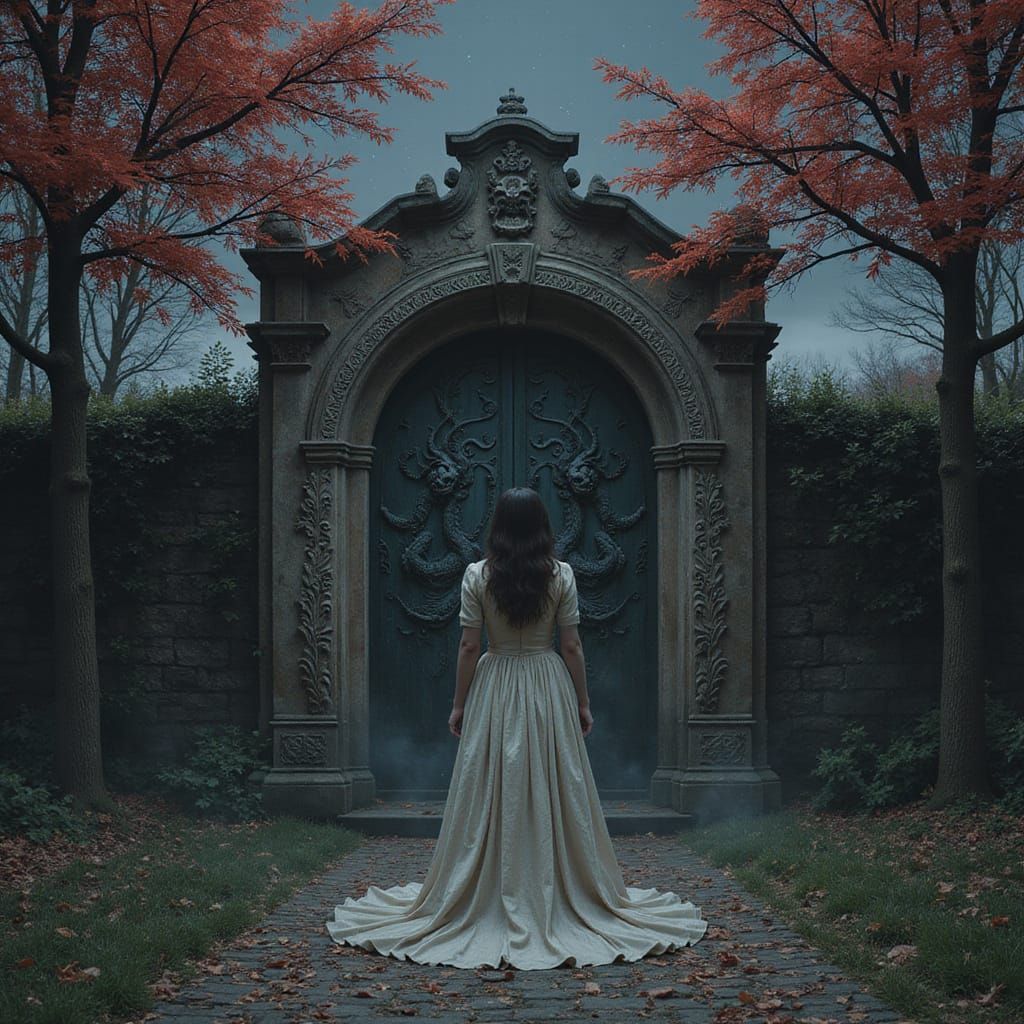 Mysterious Garden Door in Dark Surrealist Style