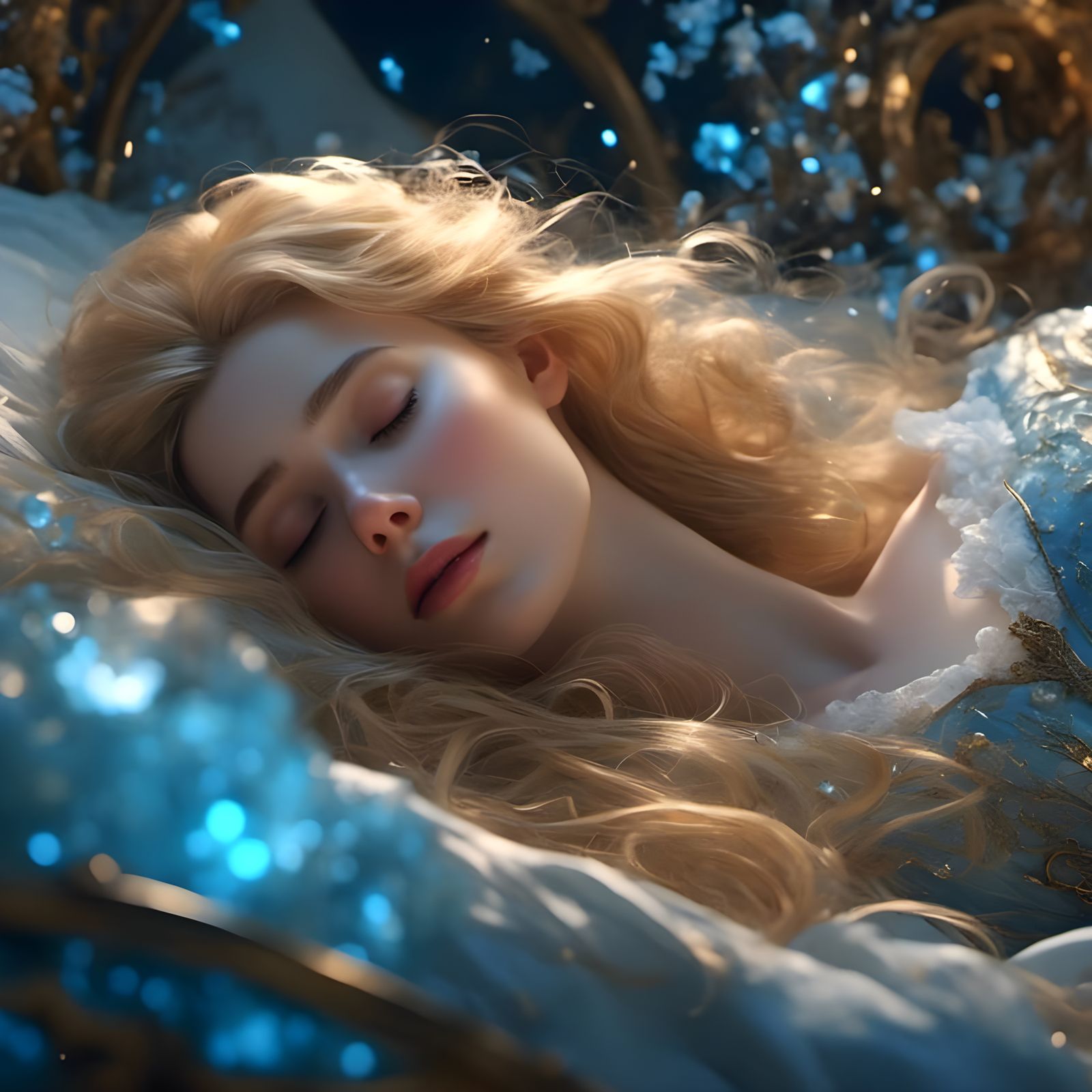 <lora:sleeping beauty:1.0> A stunningly beautiful honey blon...