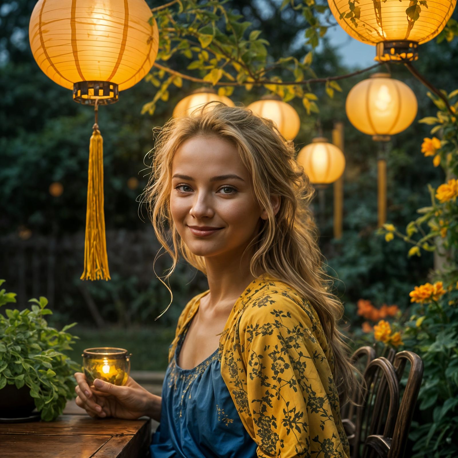Woman in Garden at Dusk with Golden Lanterns