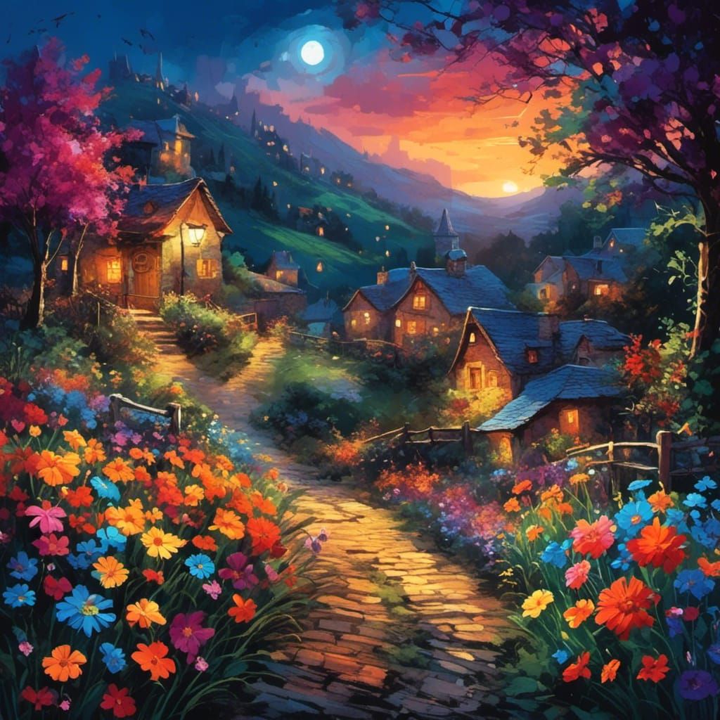 Vibrant Happiness Among Colorful Flowers at Night