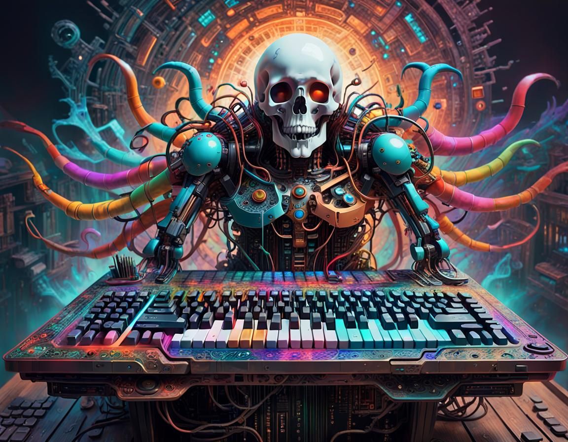 Intricate Digital Fantasy Art Keyboard on Table