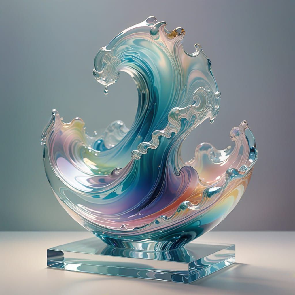 Glass sculpture wave on plinth