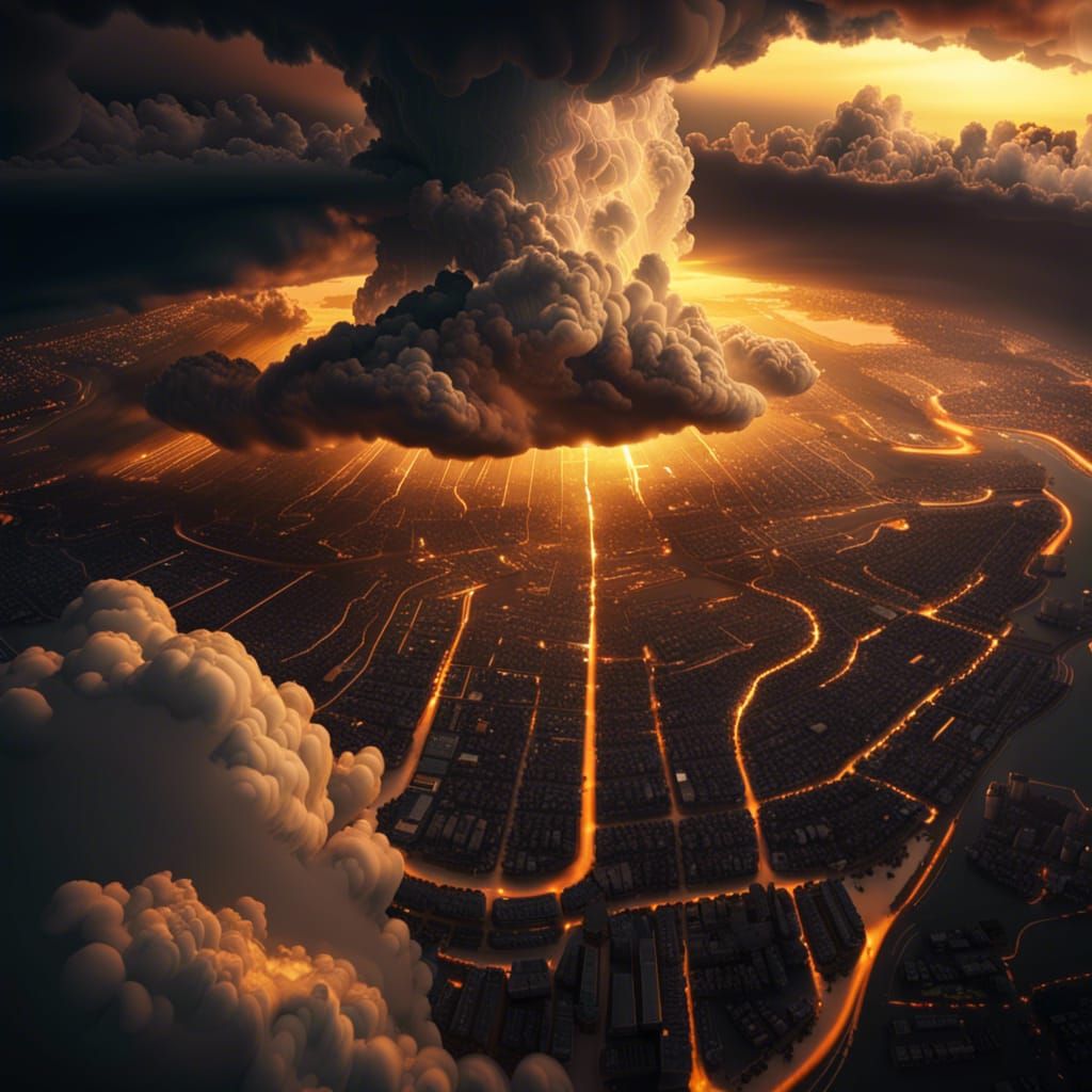 City Surrounded by Thunderclouds in Golden Hour