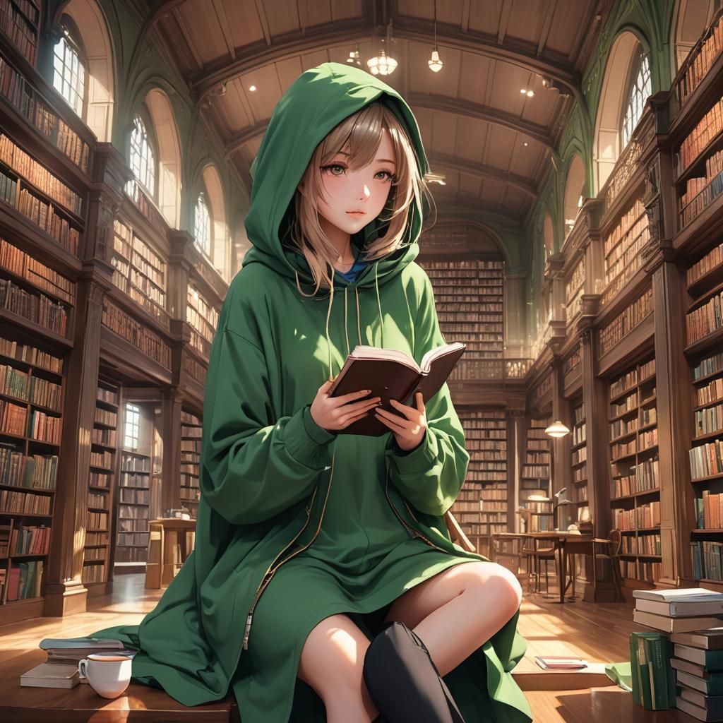 Girl Reads in Library: Detailed 3D Anime Art