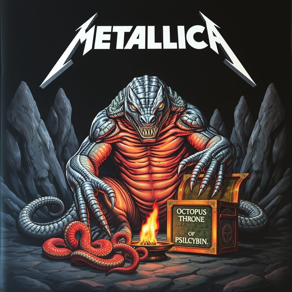 Muscular Reptilian Monstrosity Sits in Dark, Rocky Environme...