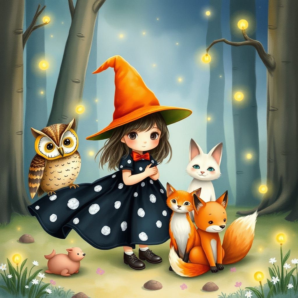 Whimsical Watercolor Witch and Friends in Enchanted Forest