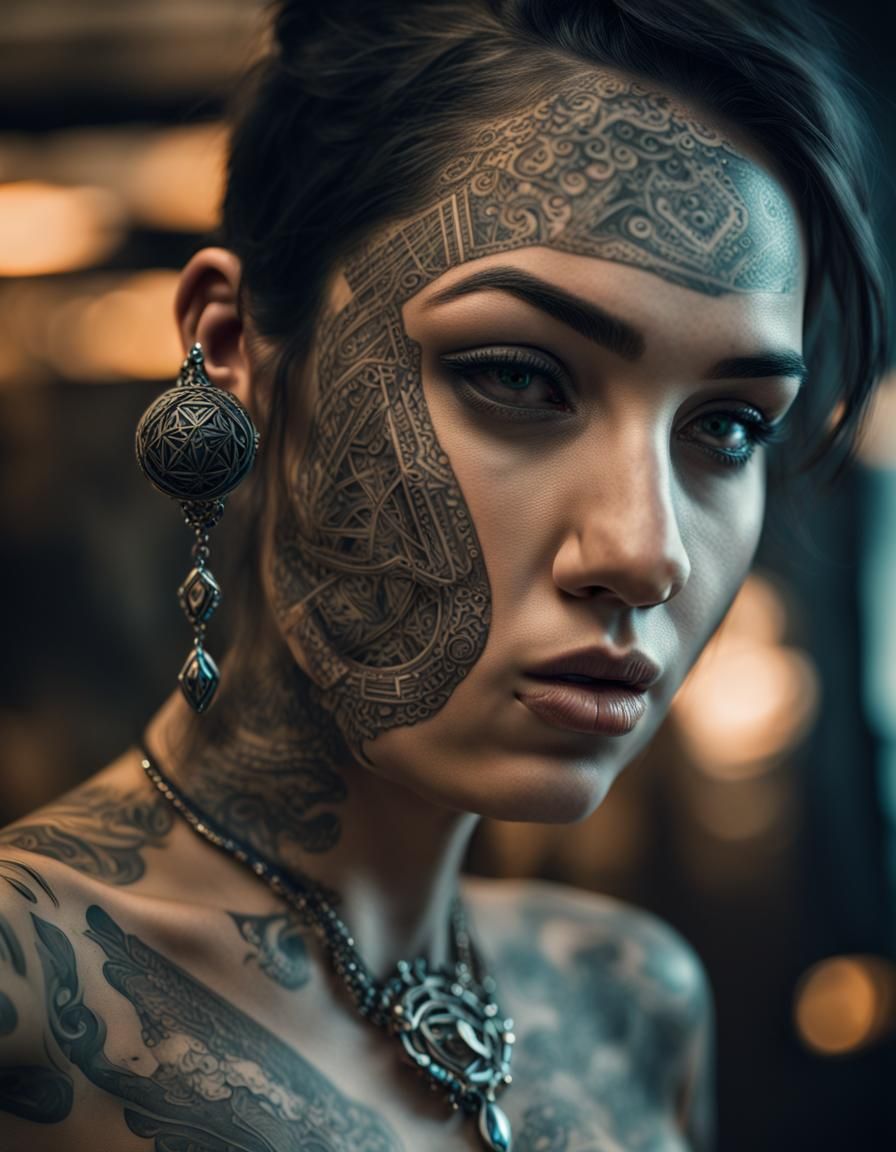 Futuristic Woman with Tattoos and Pendant
