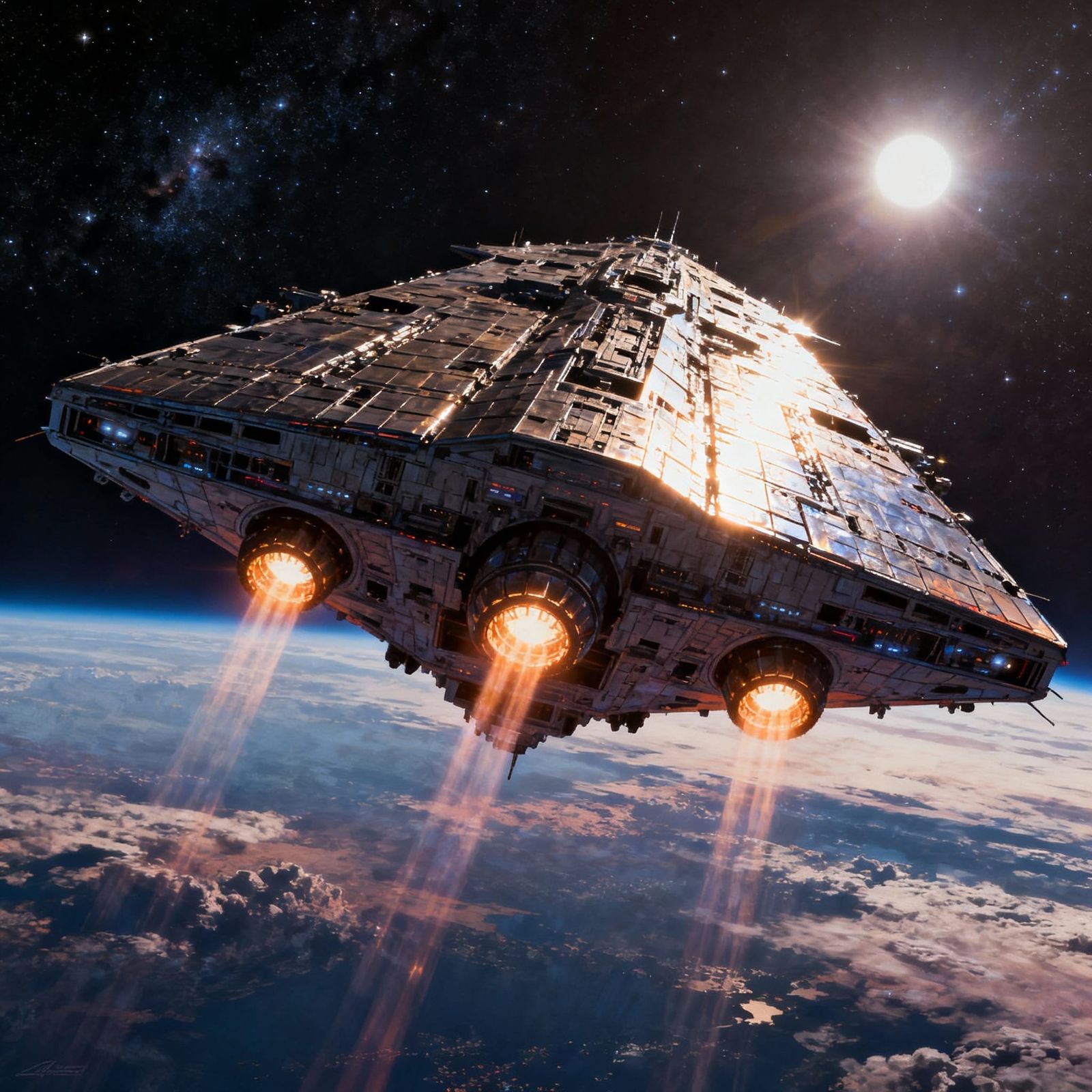 Colossal Spacecraft Above Planet, Cinematic Lighting