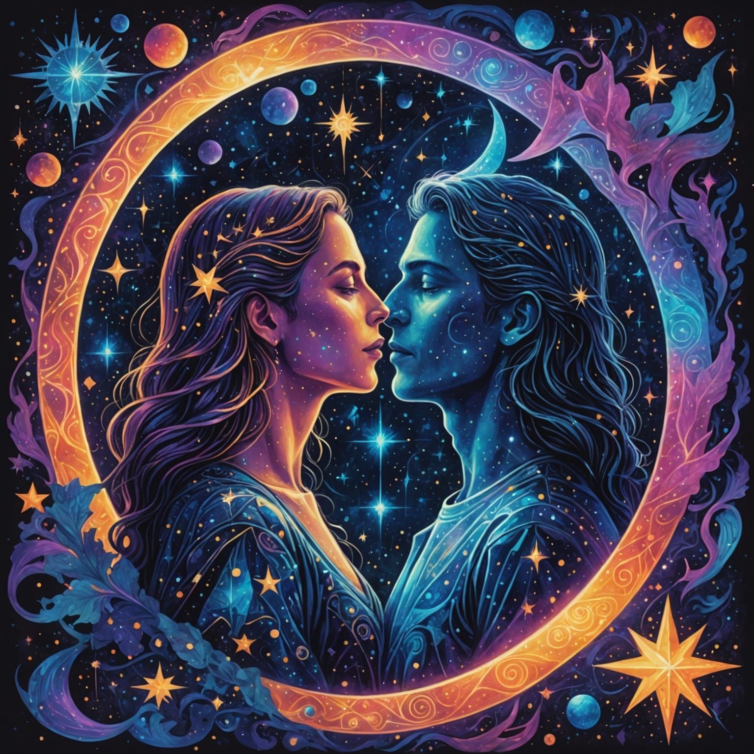 Cosmic Love: Holographic Astral Illustration in Mixed Media