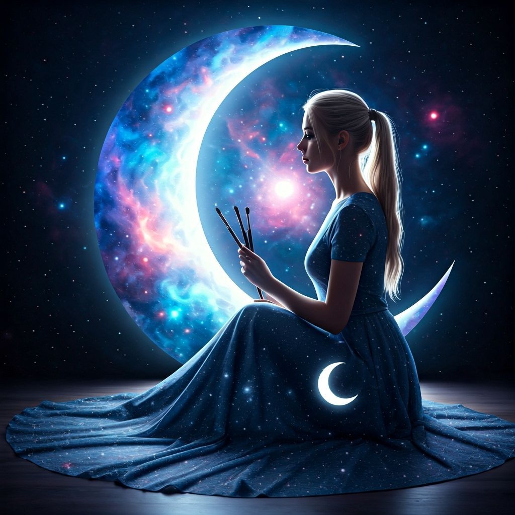 Artist Contemplates Cosmic Canvas in Ethereal Studio