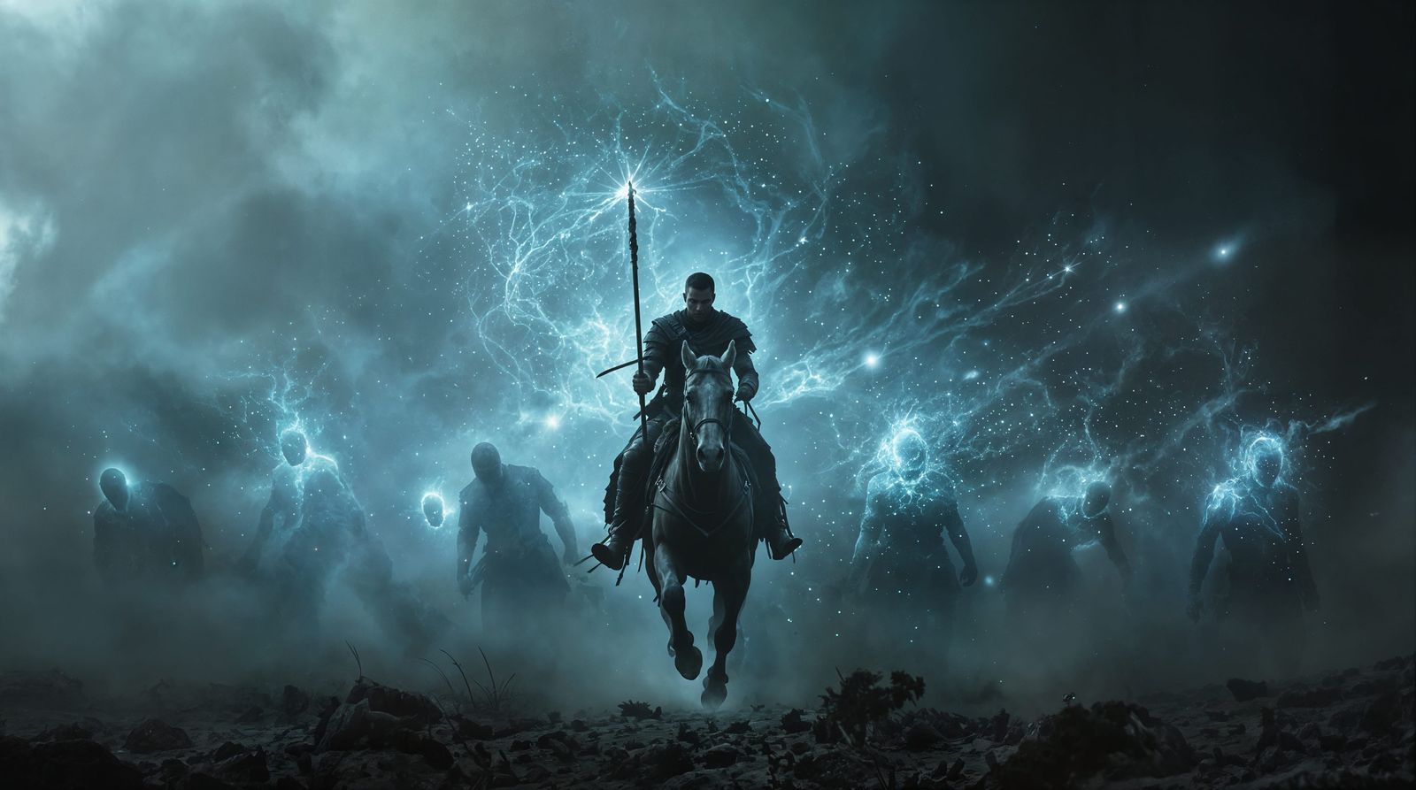 Surreal Cavalry of Battle in Dark, Grainy Impasto Style