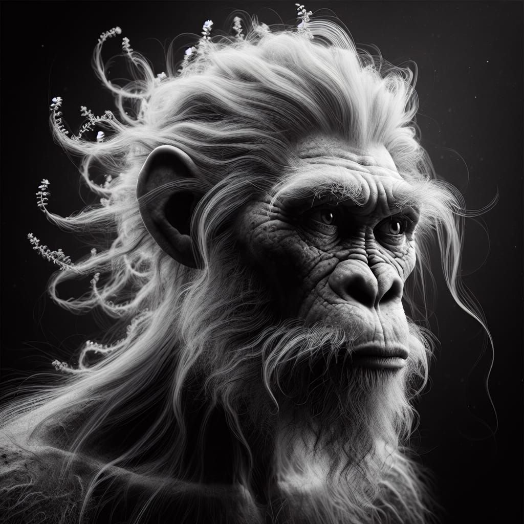 Hyperrealistic Neanderthal Fairy Portrait in Black and White
