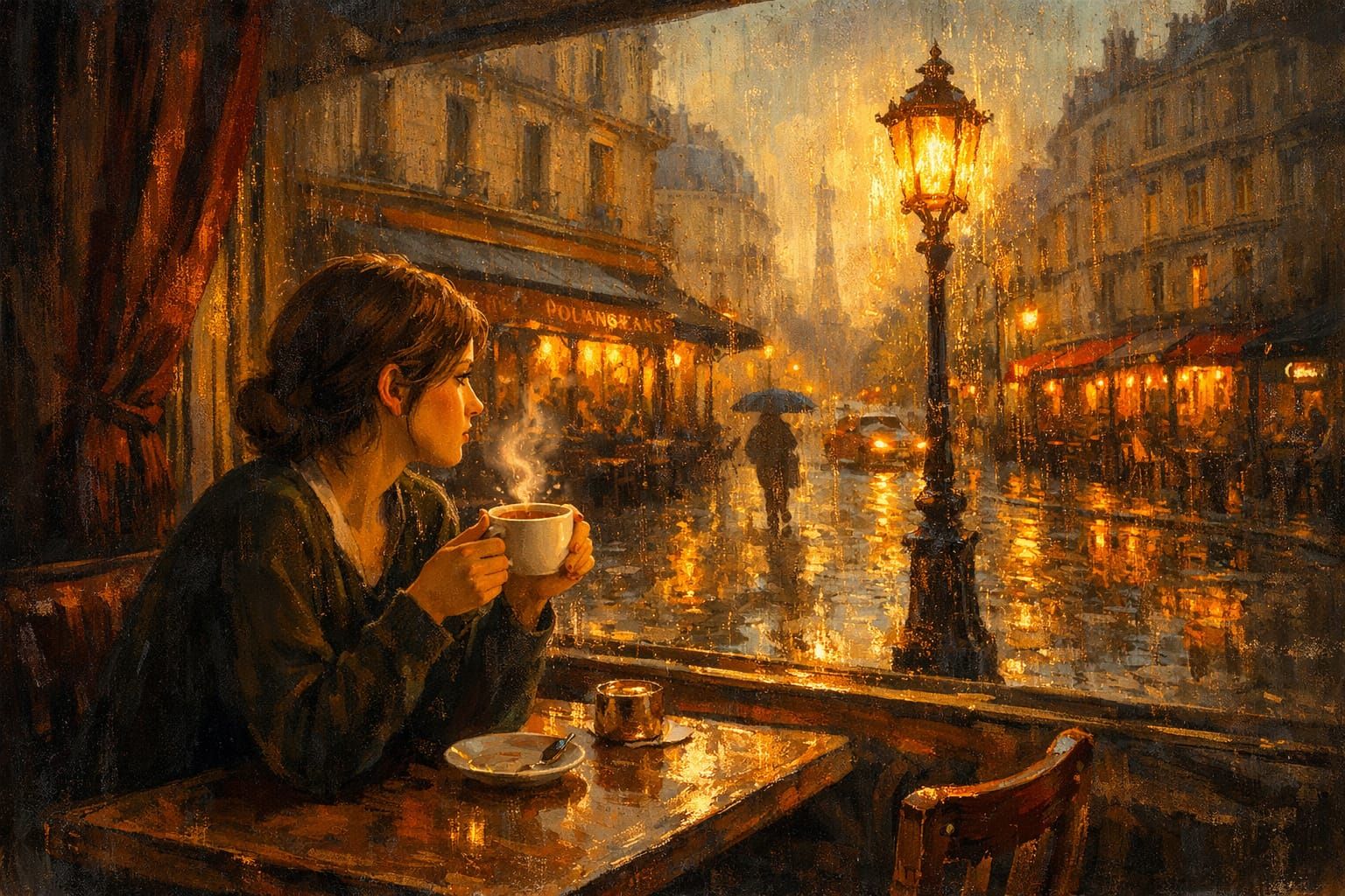 Parisian Cafe Scene Oil Painting in Golden Hour Light