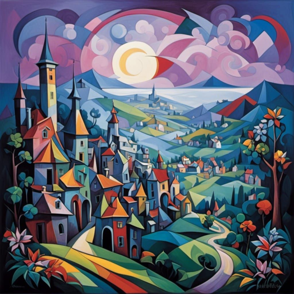 Cubist Village with Whimsical Style
