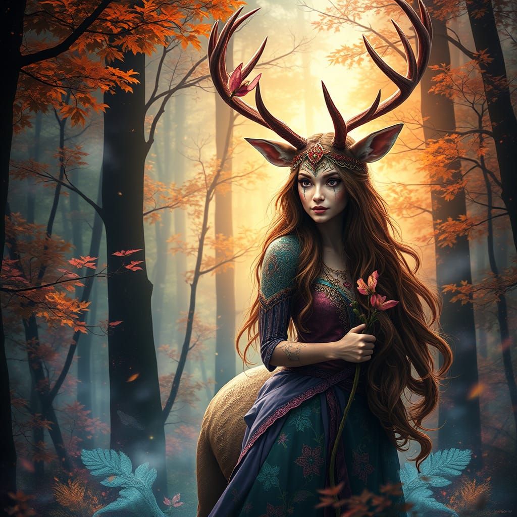 Deer Woman in Vibrant Forest Fantasy, Mixed Media