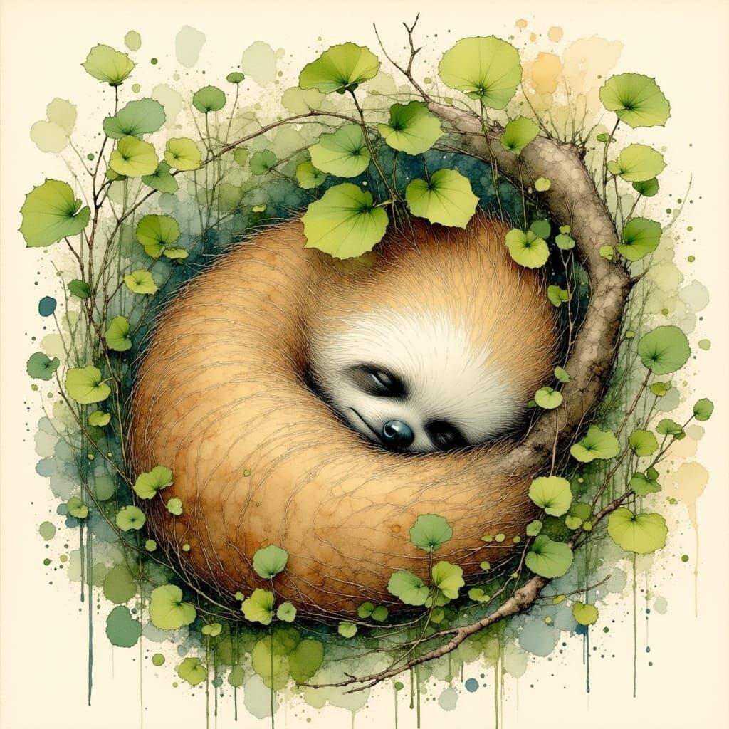 Sleeping Sloth Illustration with Ink Crosshatching