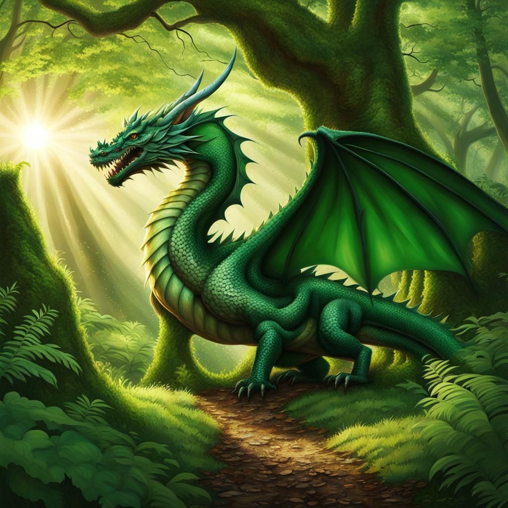 Camouflaged Green Dragon in Sunlit Woodland