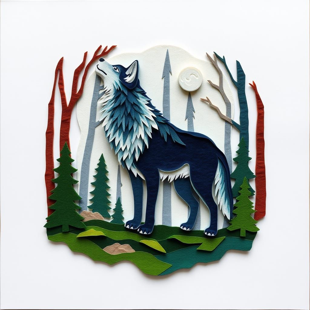 Voxel Art Wolf in Forest Felt Layers
