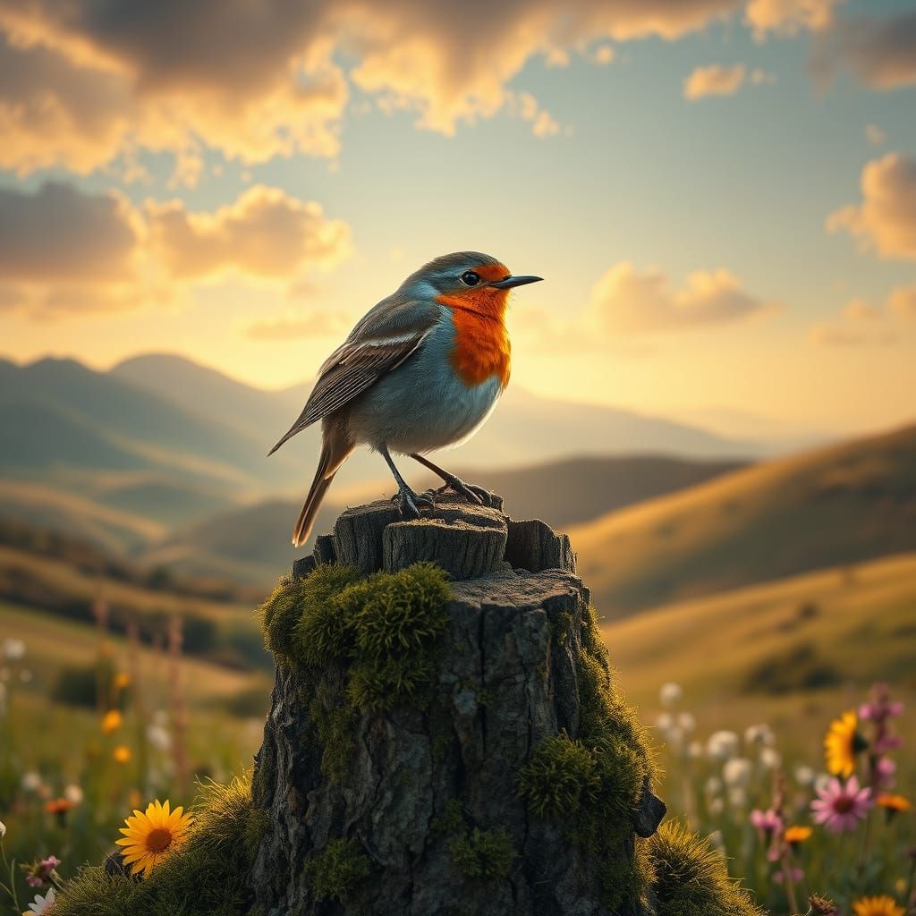 Robin in Cloak on Mossy Stump Digital Art