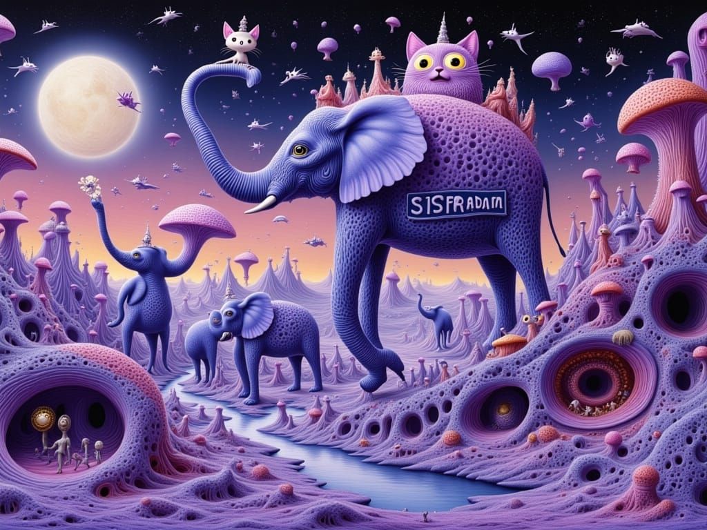 Dadaist Elephants March Through a Surreal Dreamscape in Irid...