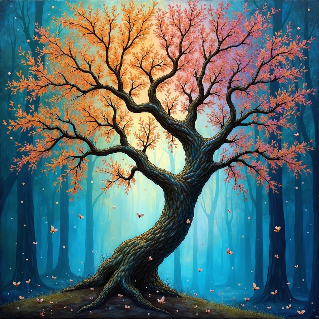 Tree Ent in Spring Forest, Dreamy Stained Glass Style