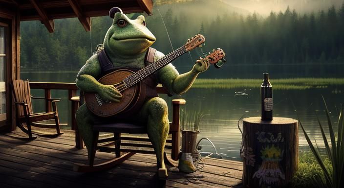 Toad Playing Banjo on Cabin Porch in Graffiti Art