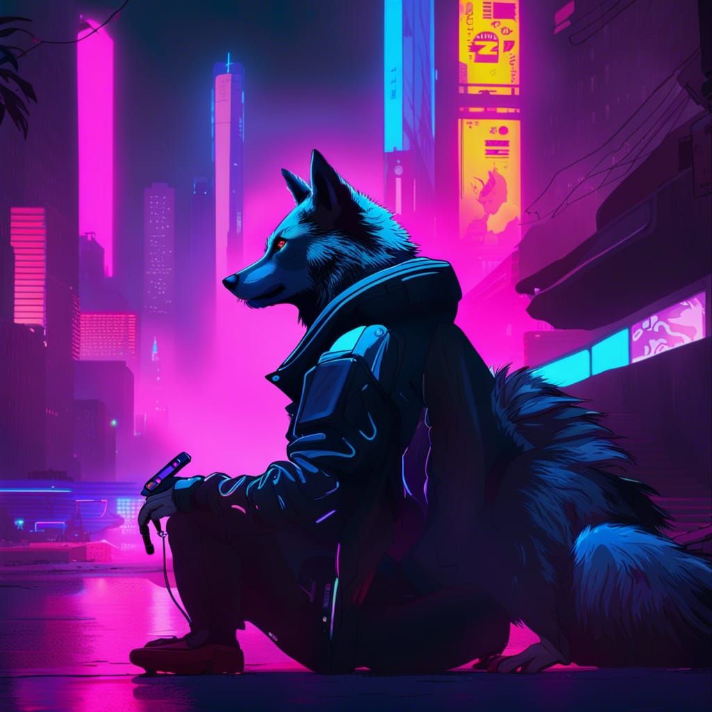 Wolf Listens to Music in Cyberpunk City