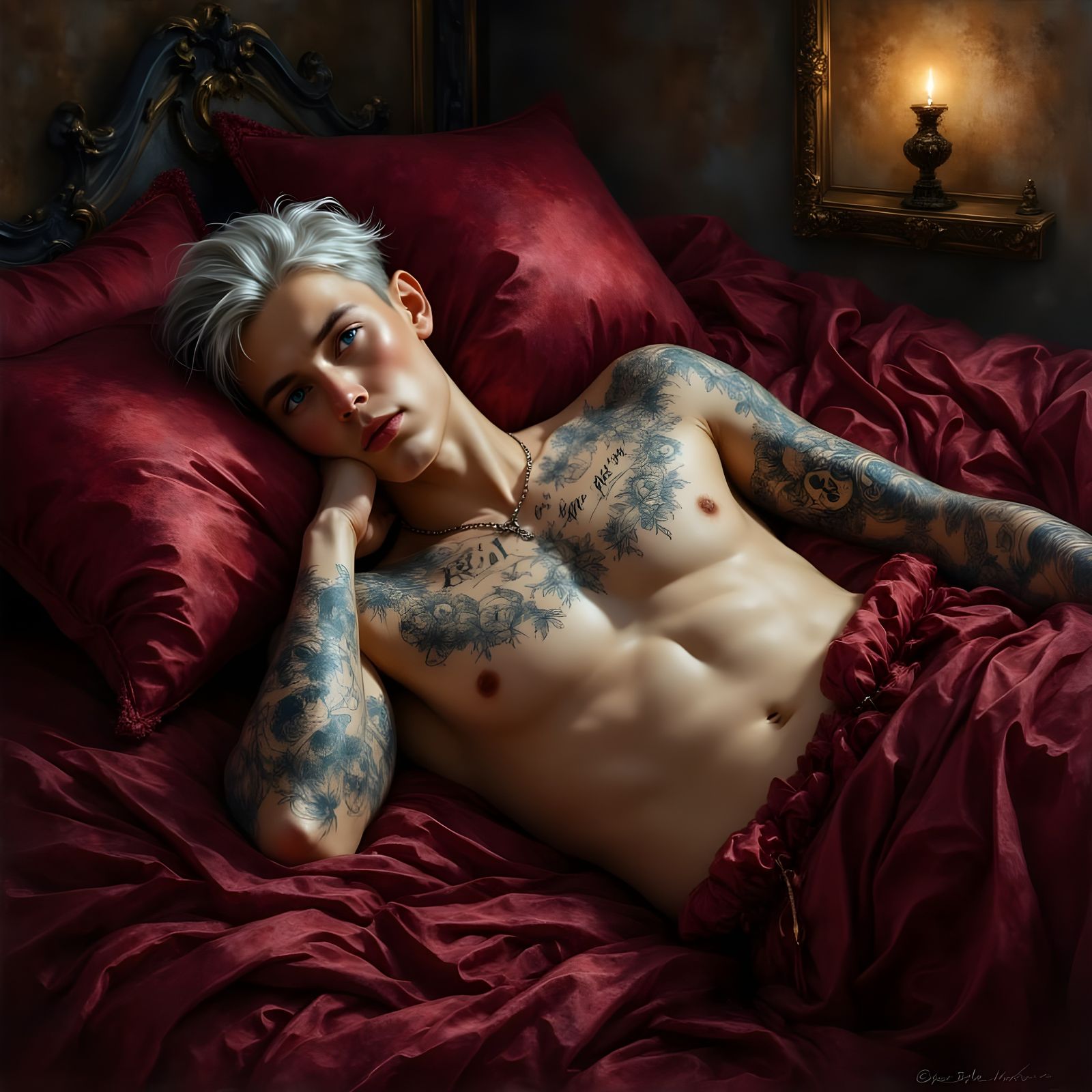 Tattooed Man with Silver Hair on Satin Sheets