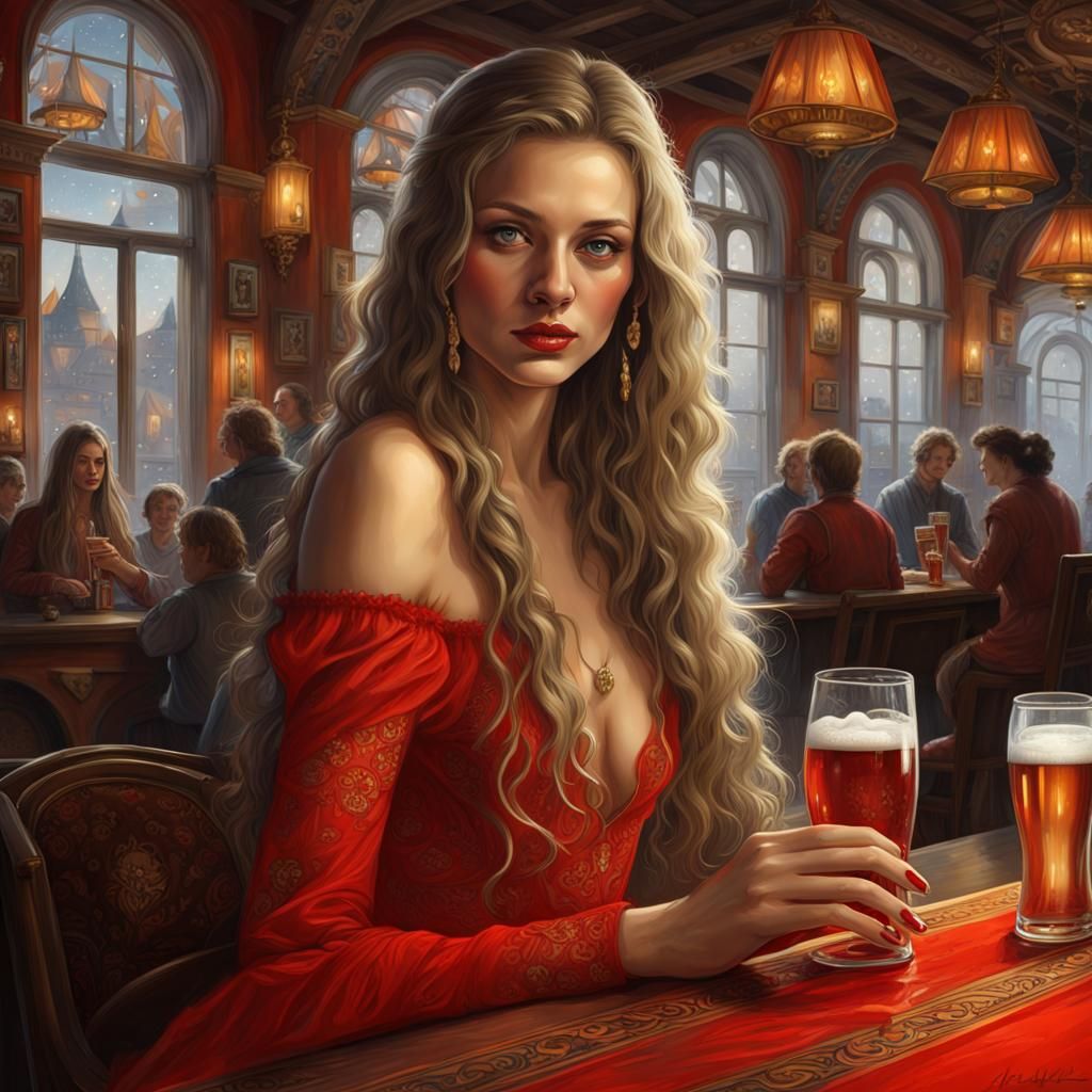 Glamorous Woman in Red Dress at Bar, Detailed Matte Painting